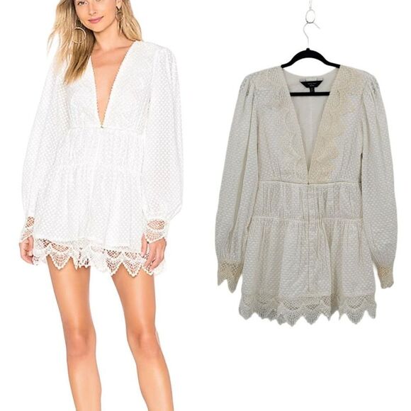 Revolve Bridal Shower Boho Mini Dress M White Puff Sleeve Swiss Dot Crochet Lace - Picture 1 of 16